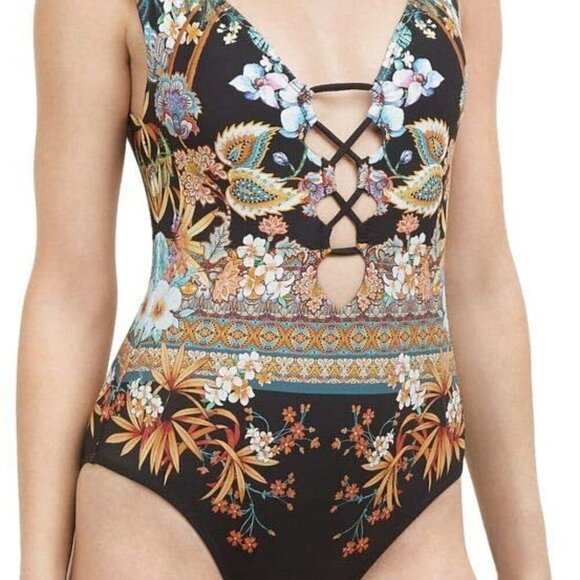 Kenneth Cole Off Shoulder Floral Tropical Stripe One Piece Swim Suit NEW - L - Picture 11 of 11